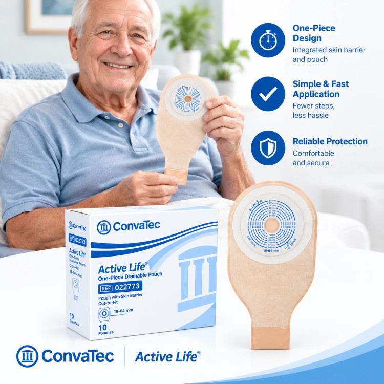 کیسه کلستومی و ایلئوستومی یکتکه تهباز مات کانوآتک ConvaTec Active Life کد 22773؛ سایز استاندارد ۱۹ تا ۶۴ میلیمتر