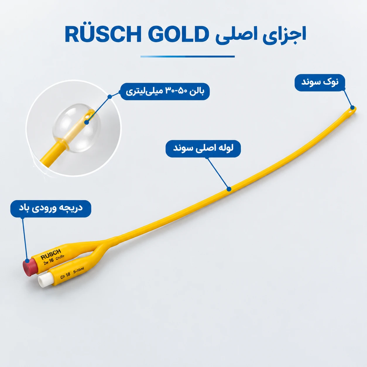 سوند فولی دو راهه روش گلد سایز ۱۸ تلفلکس (RÜSCH GOLD Ch. 18 / 6.0mm) بالون ۳۰ تا ۵۰ میلیلیتر